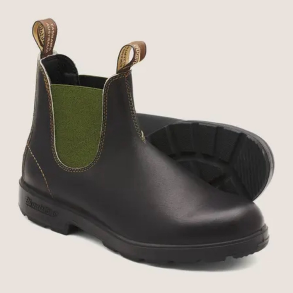 Blundstone Dark Brown Chelsea Boots with Green Elastic